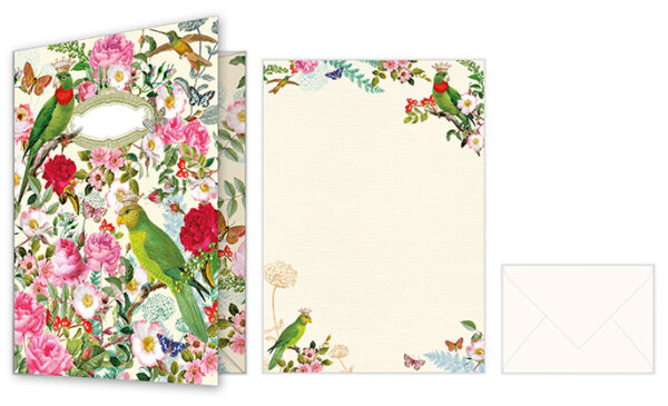 Briefpapier - Design: grüne Sittiche mit Blumen