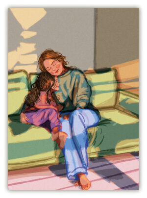 Mother and daughter cuddling, o.T. (hoch)